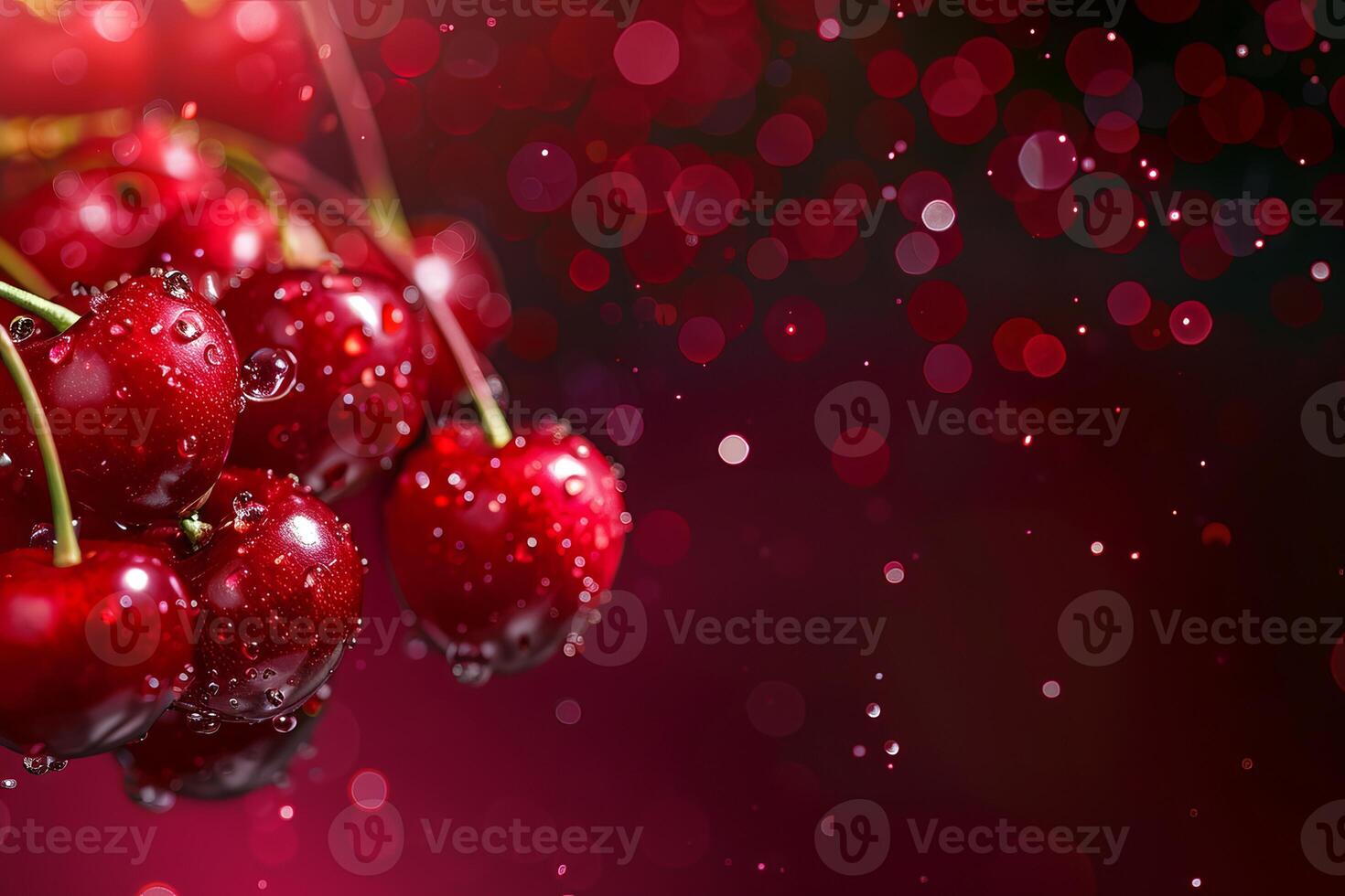 Branch of ripe cherries hanging on a red bokeh background photo