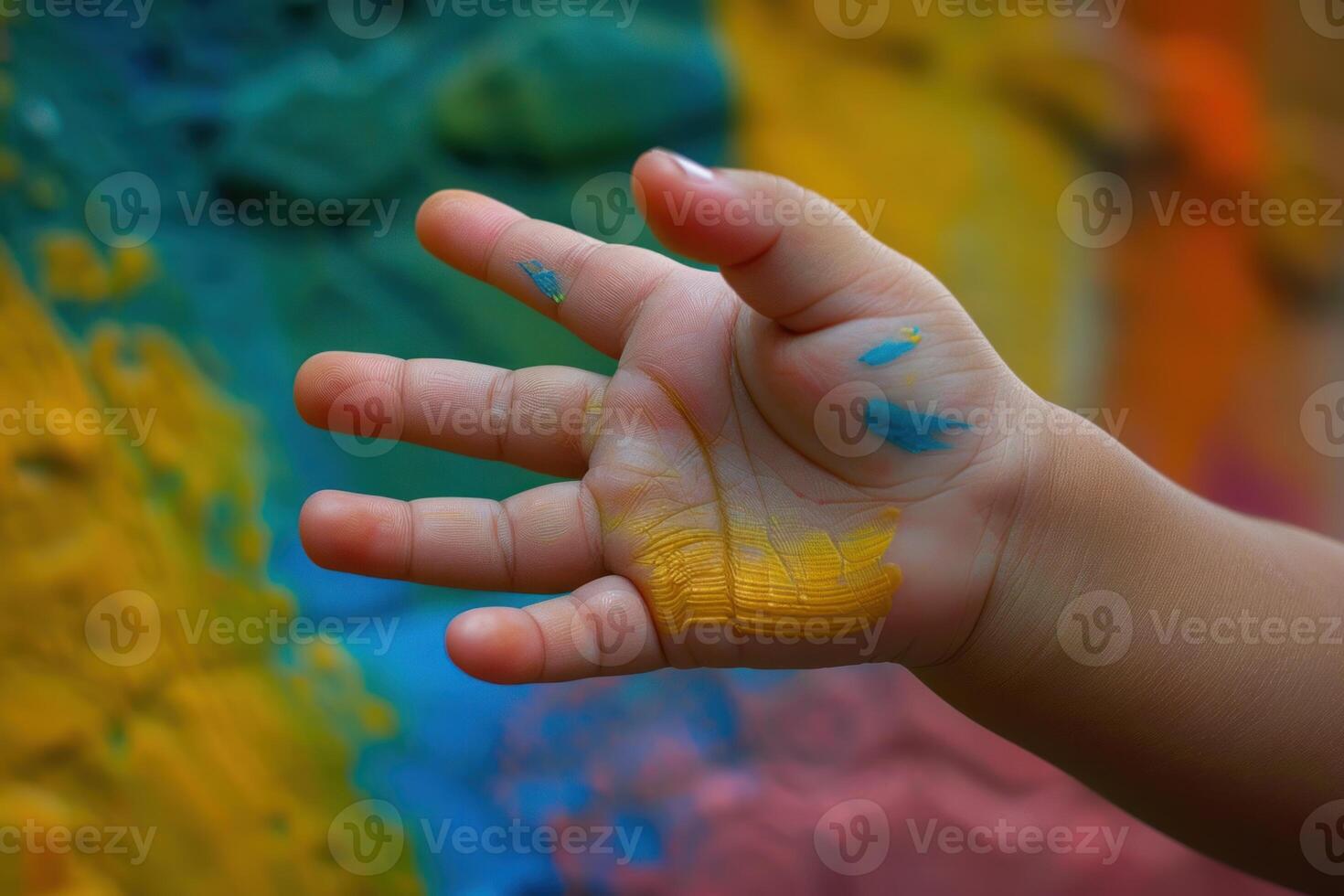 Child showing painted hand with colorful background photo