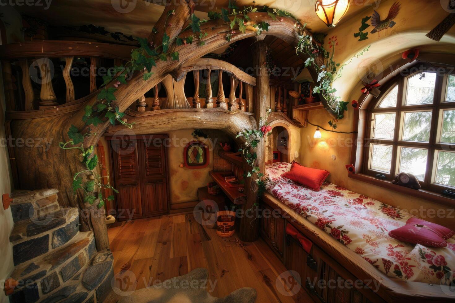 Fairytale treehouse bedroom interior with rustic design photo