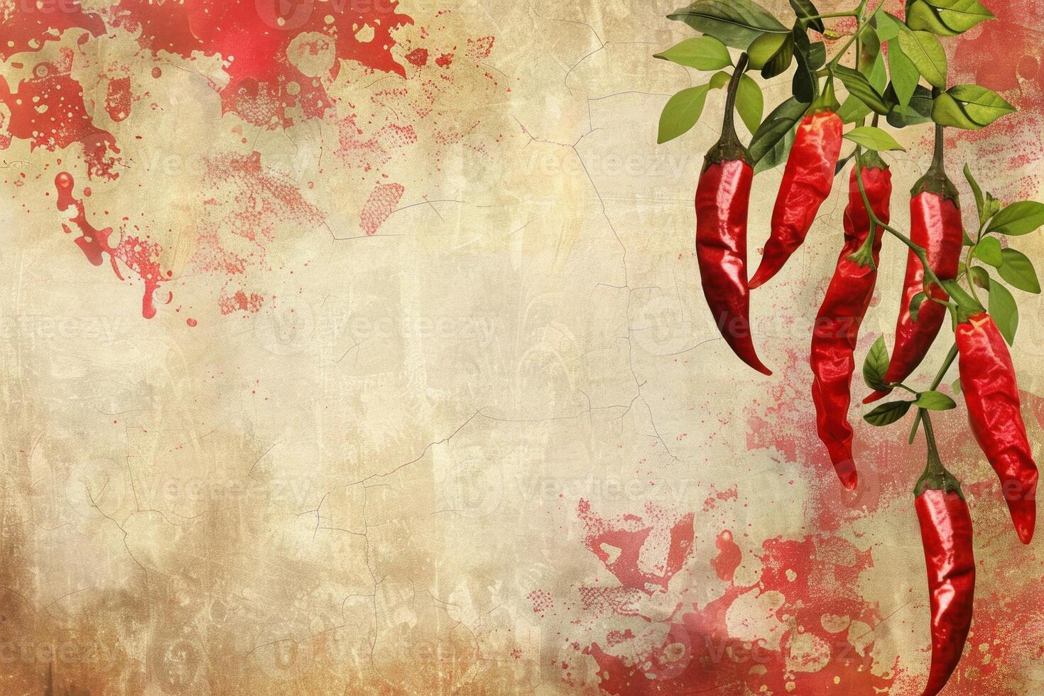 Red hot chili peppers hanging on grunge background with copy space photo