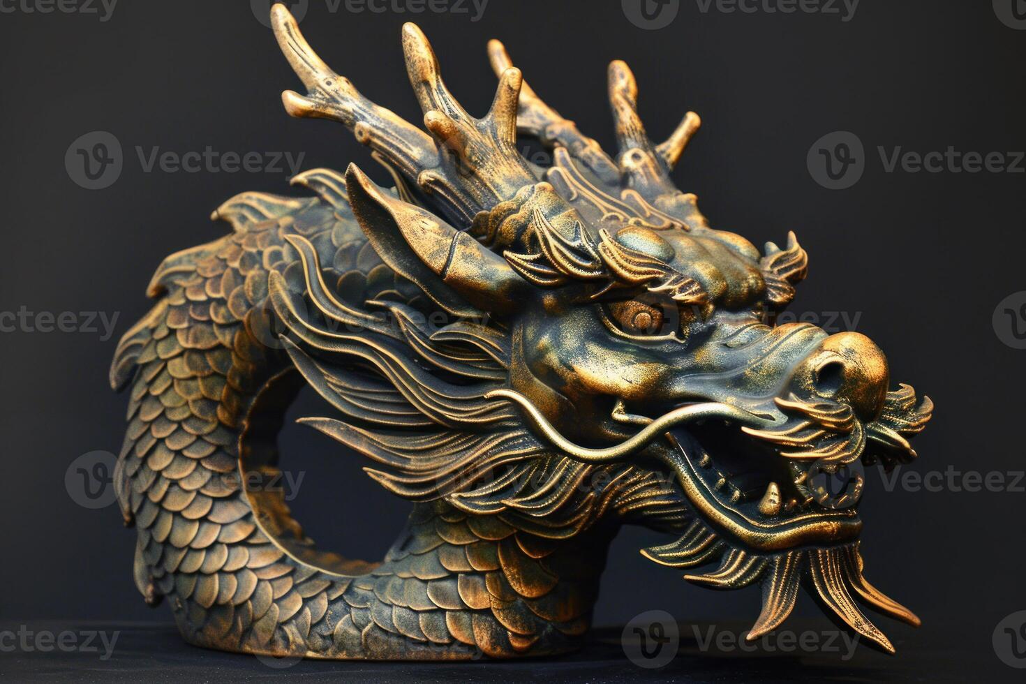 Majestic chinese dragon statue looking powerful with golden scales photo