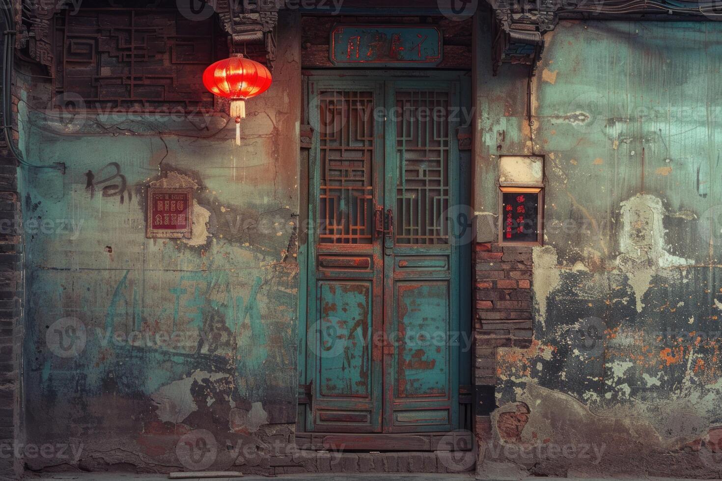 Old, weathered doorway with red lantern hanging in china photo