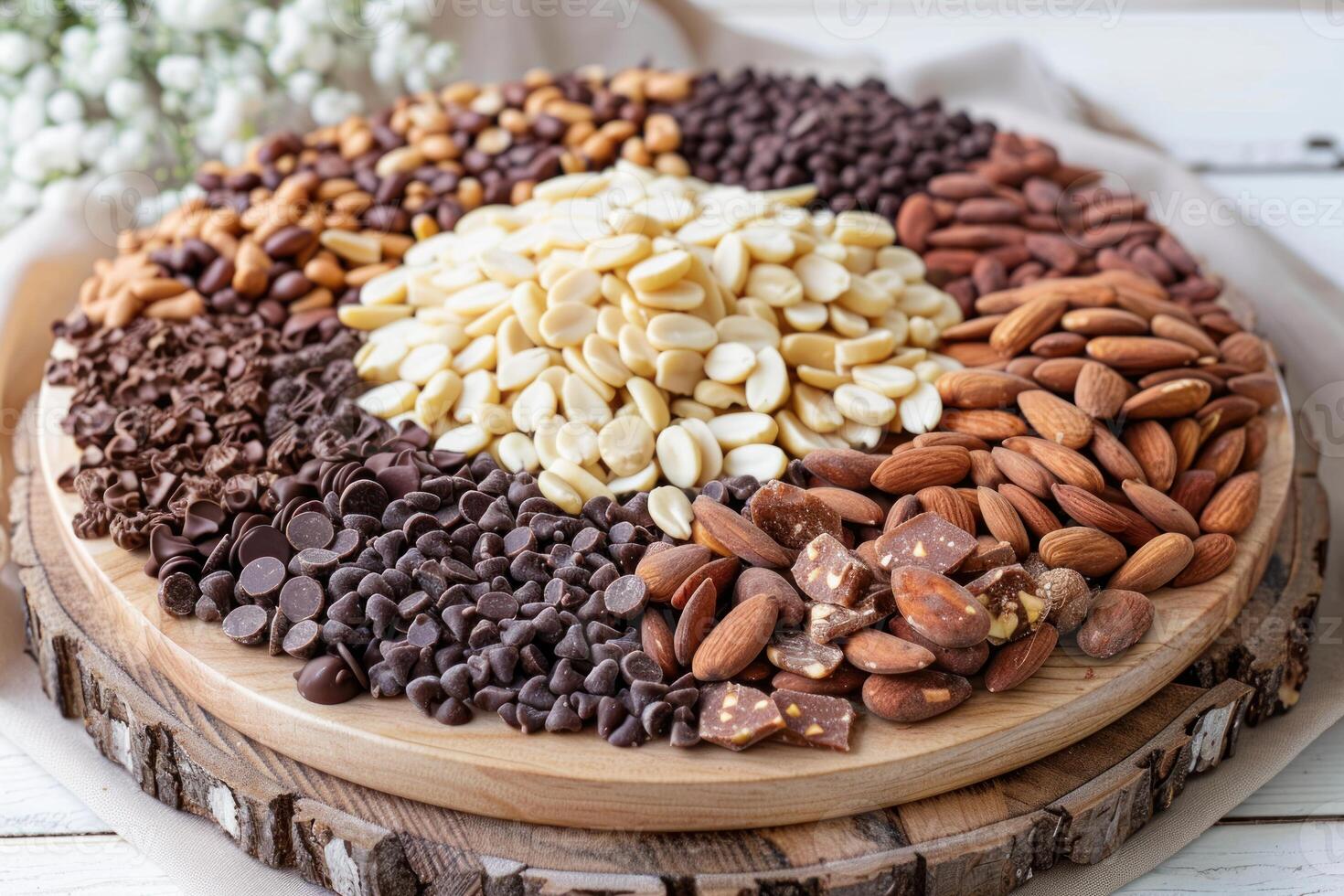 Different types of nuts and chocolate chips forming a circle on a wooden tray photo
