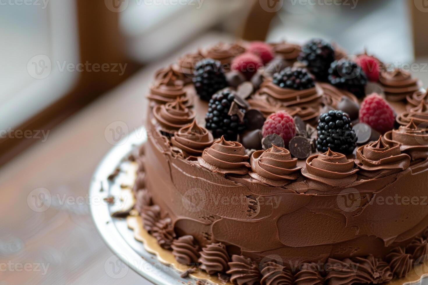 Delicious chocolate cake with chocolate frosting and fresh berries being displayed on cake stand photo