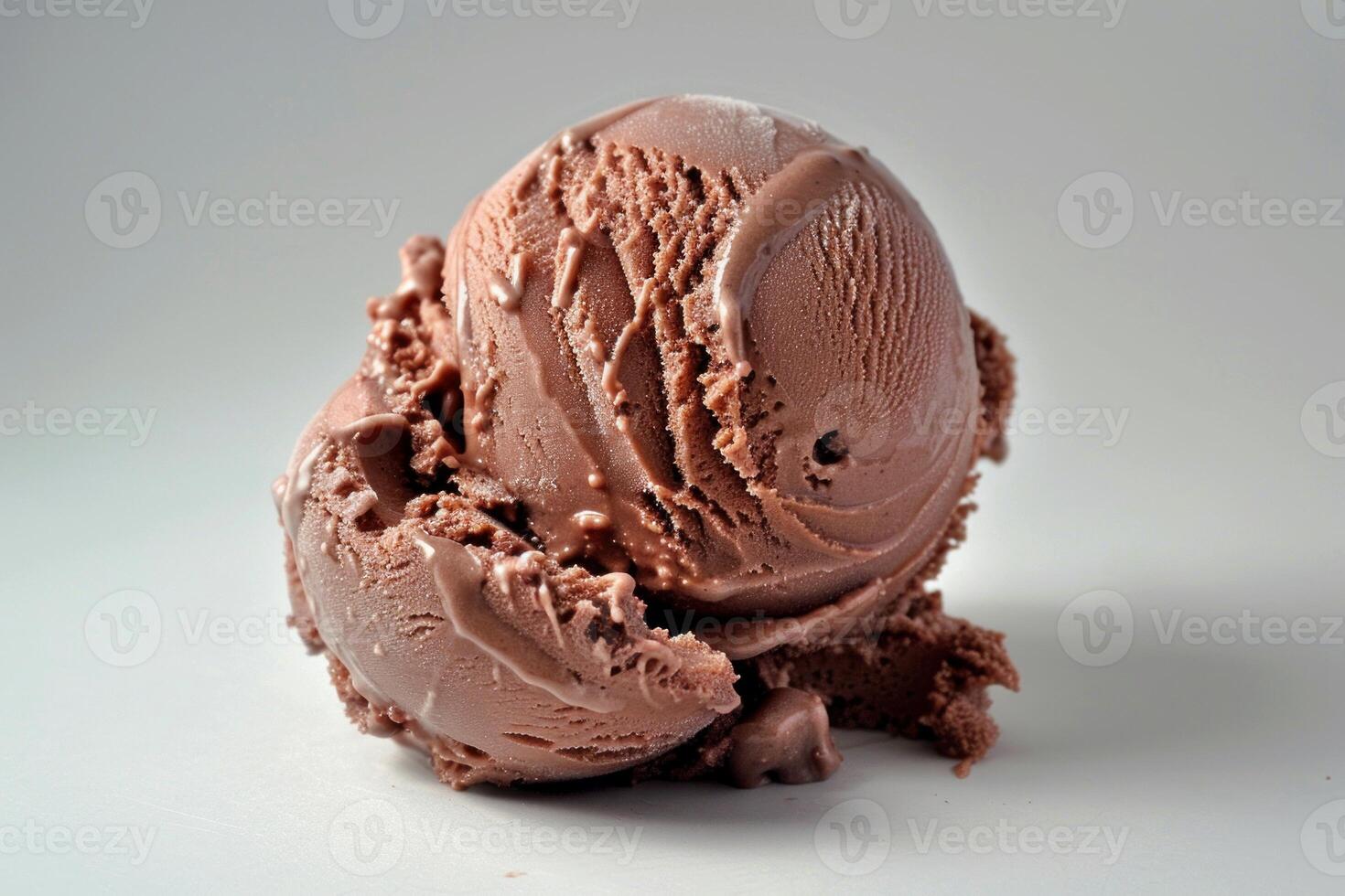 Scoop of chocolate ice cream melting on white background photo