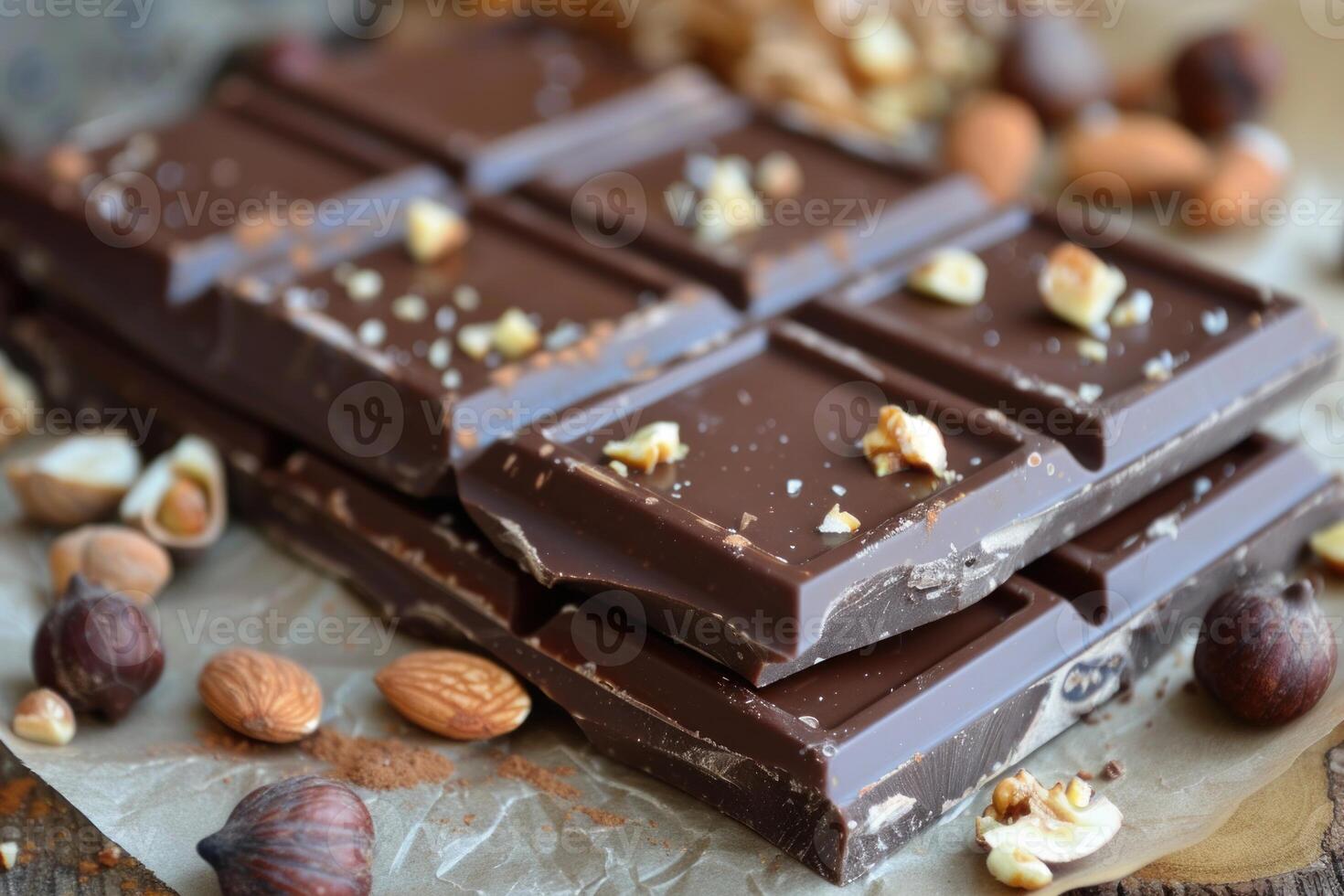 Dark chocolate bar with nuts broken into pieces on paper photo