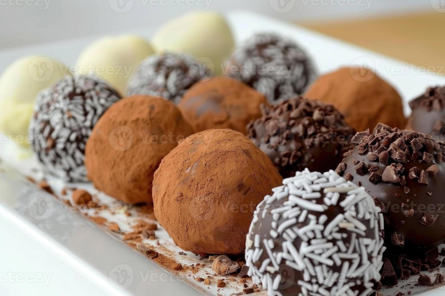 Different flavors of chocolate truffles covered in sprinkles and cocoa powder photo