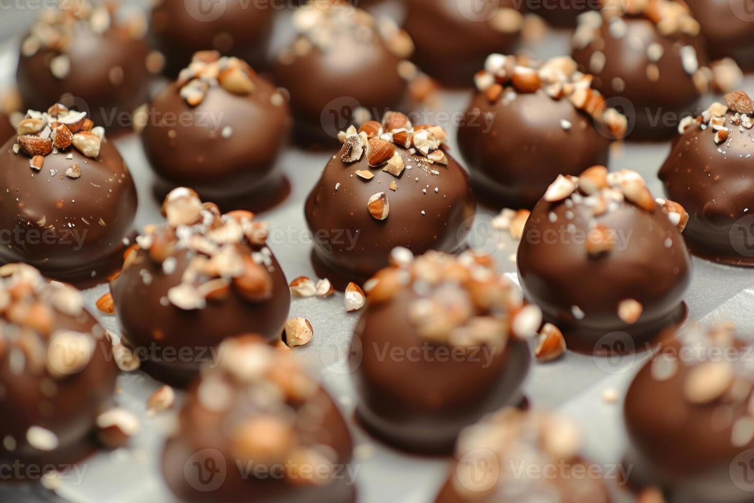 Delicious round chocolate candy with nuts sprinkled on top photo
