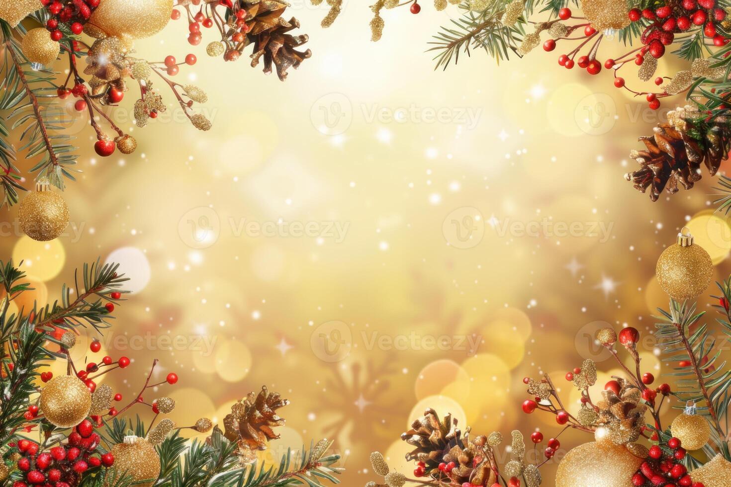 Christmas fir tree branches with pine cones surrounding golden background photo