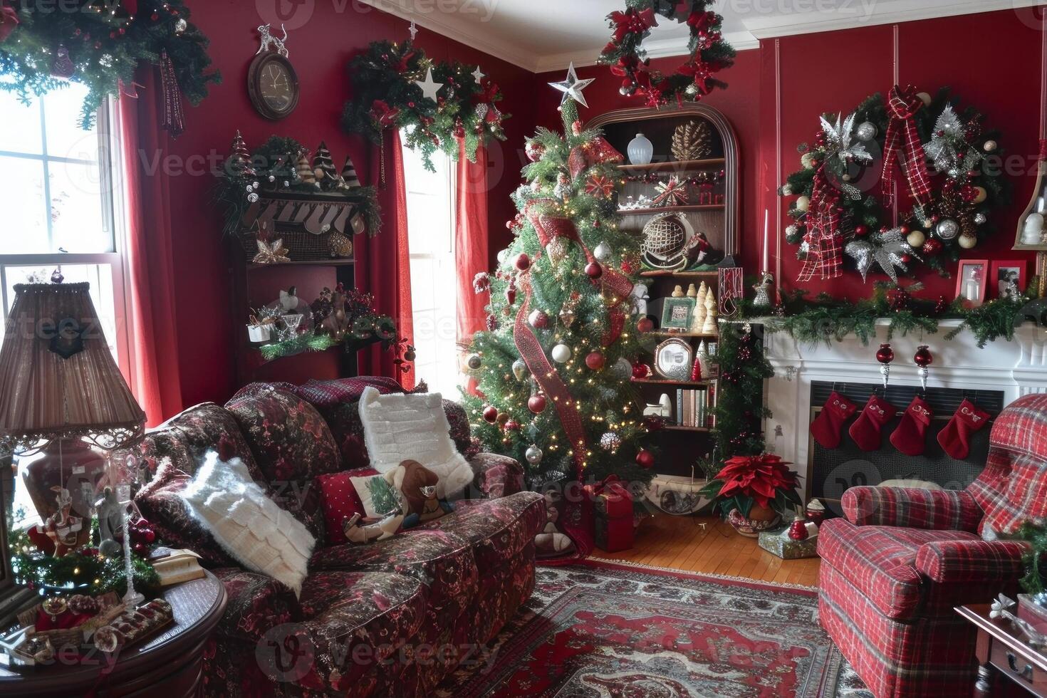 Christmas tree standing in living room decorated for christmas holidays photo