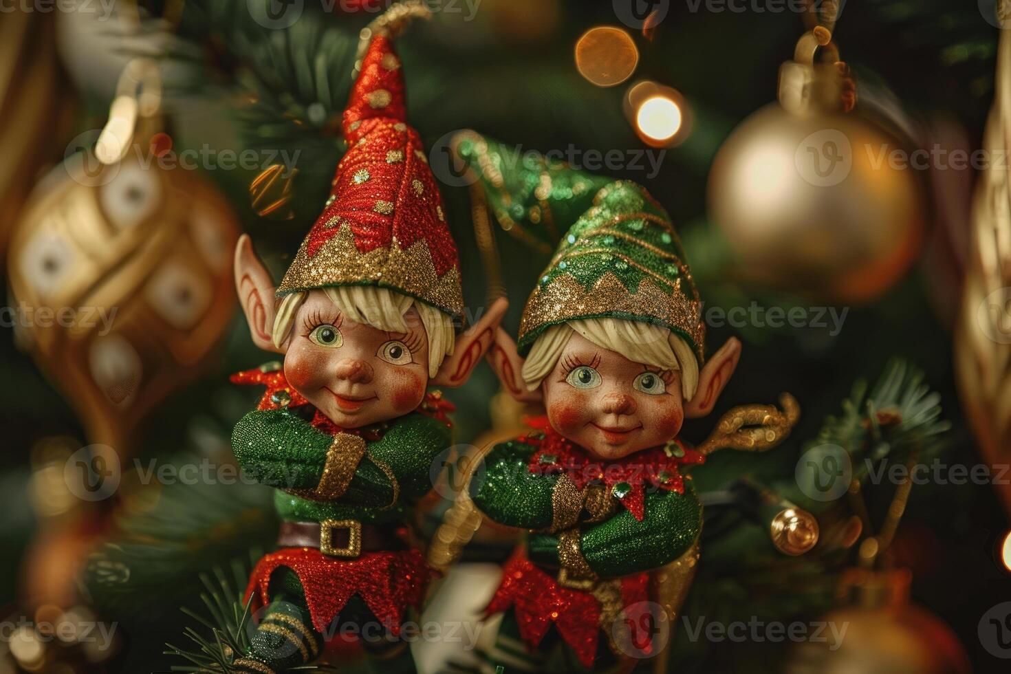 Two christmas elves posing on a christmas tree with ornaments and lights photo
