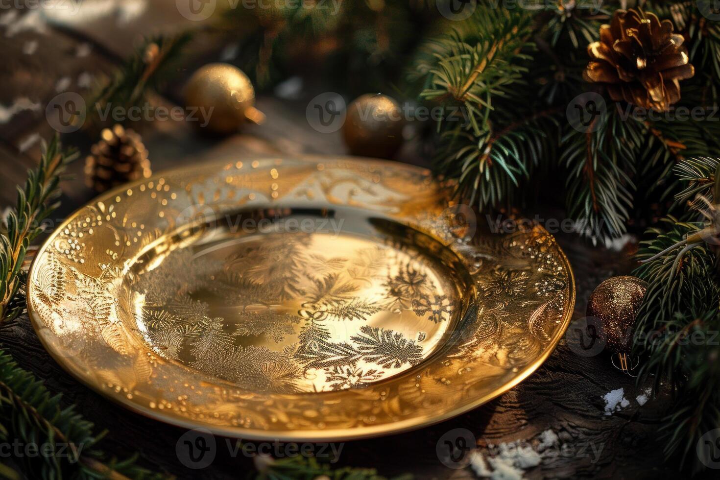 Empty golden plate lying on wooden table with christmas decoration photo