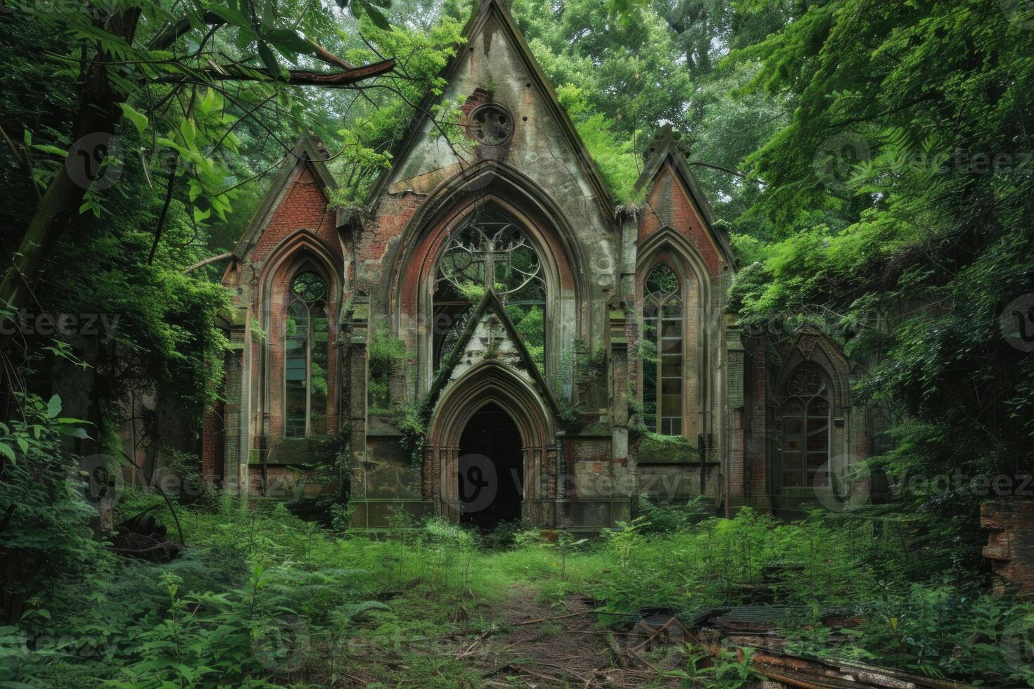 Abandoned church building being reclaimed by nature in lush forest photo