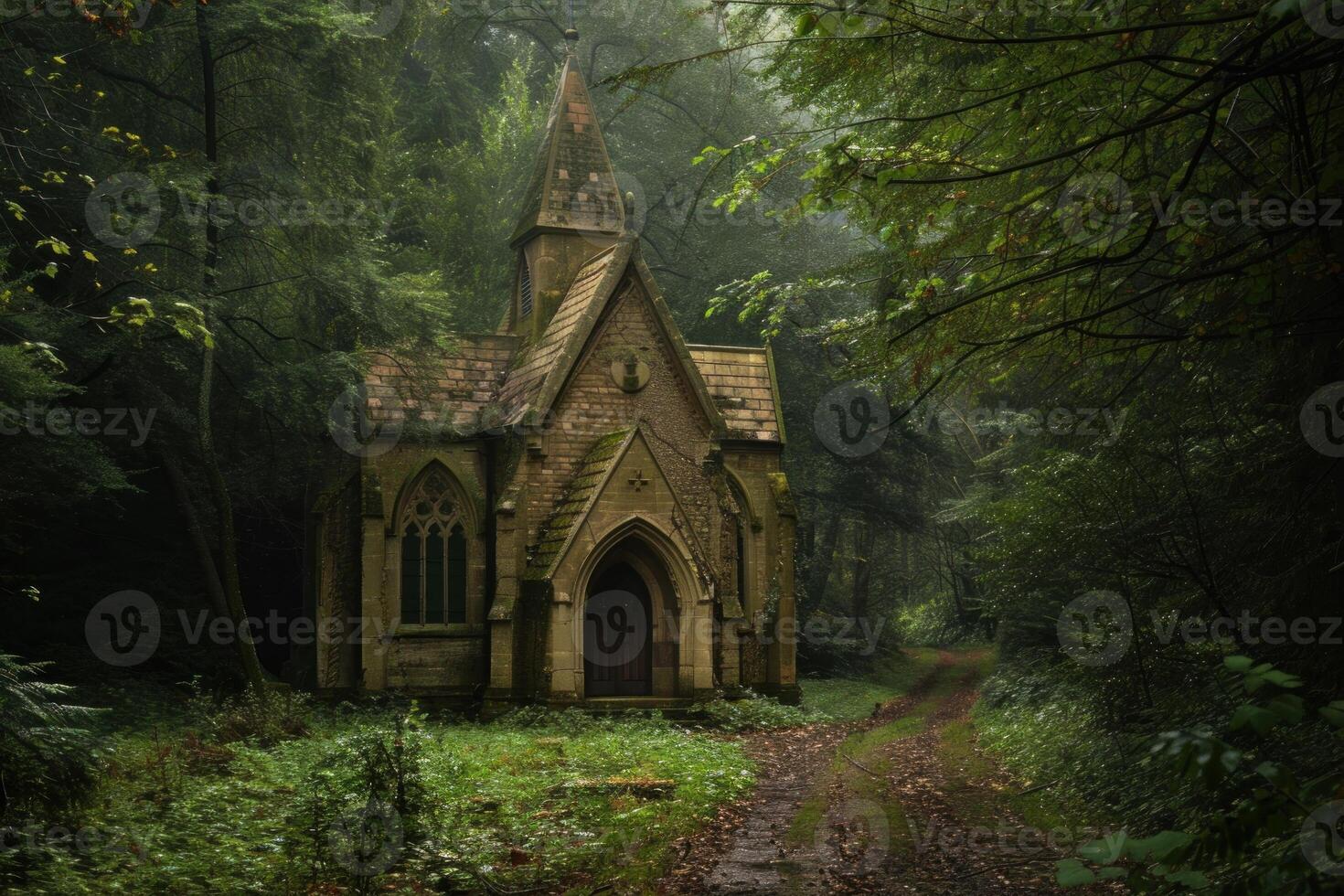 Old stone chapel standing on a path leading through a dark forest photo
