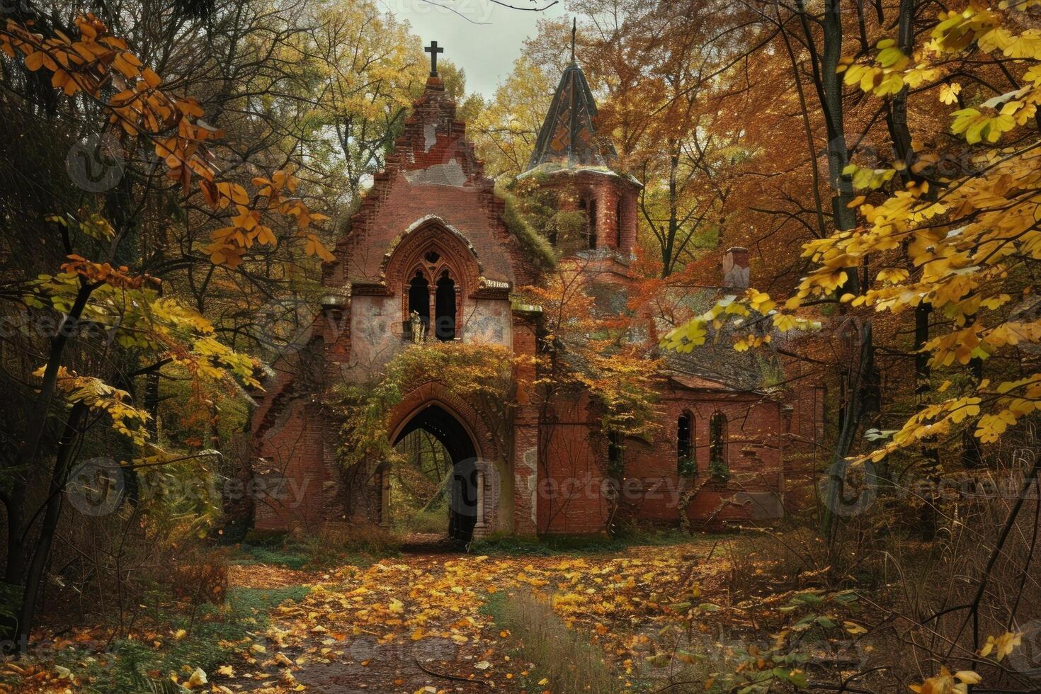 Abandoned church covered in fall foliage in the woods photo