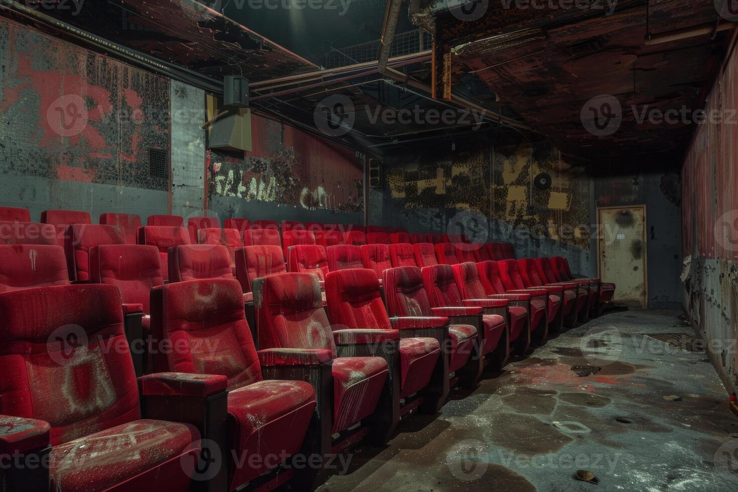 Rows of dusty red seats inside abandoned theater photo