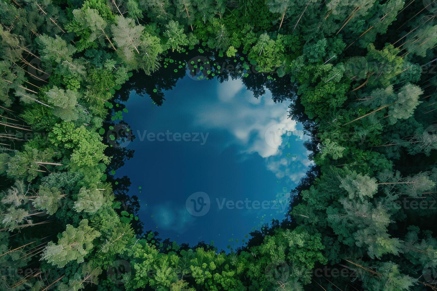 Drone photography showing a serene lake surrounded by lush green forest photo