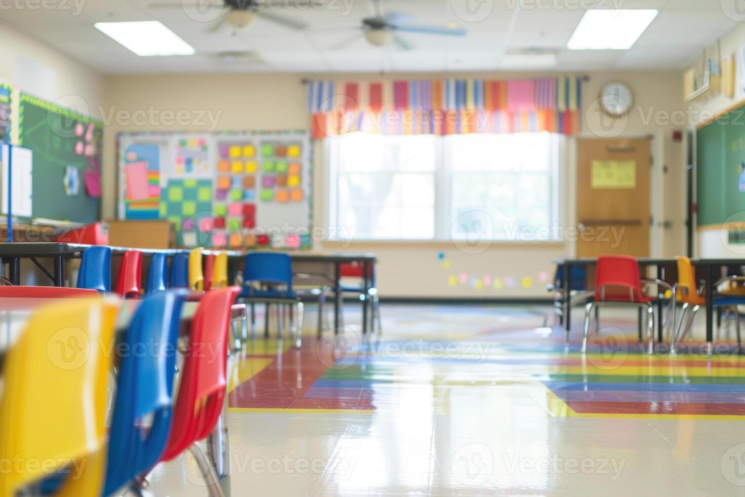 Empty colorful kindergarten classroom waiting for students to come back from recess photo