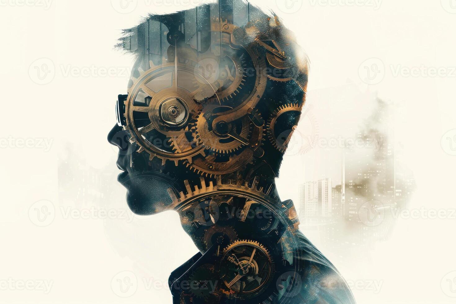 Young man combining with machine thinking about the future in urban skyline photo