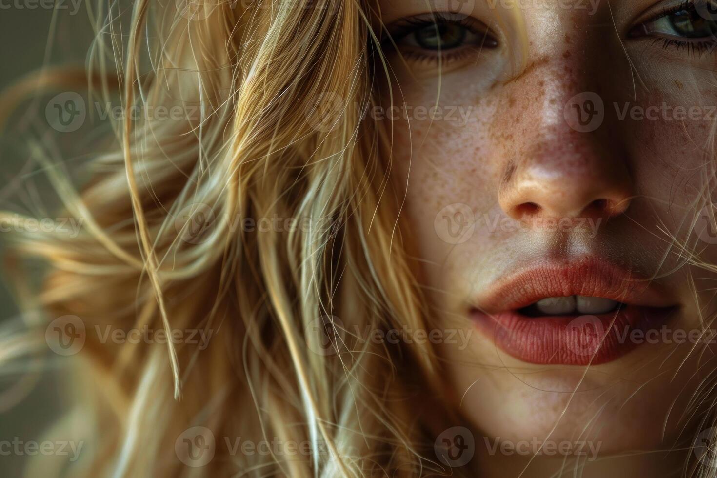 Closeup of young woman with freckles and blonde hair photo