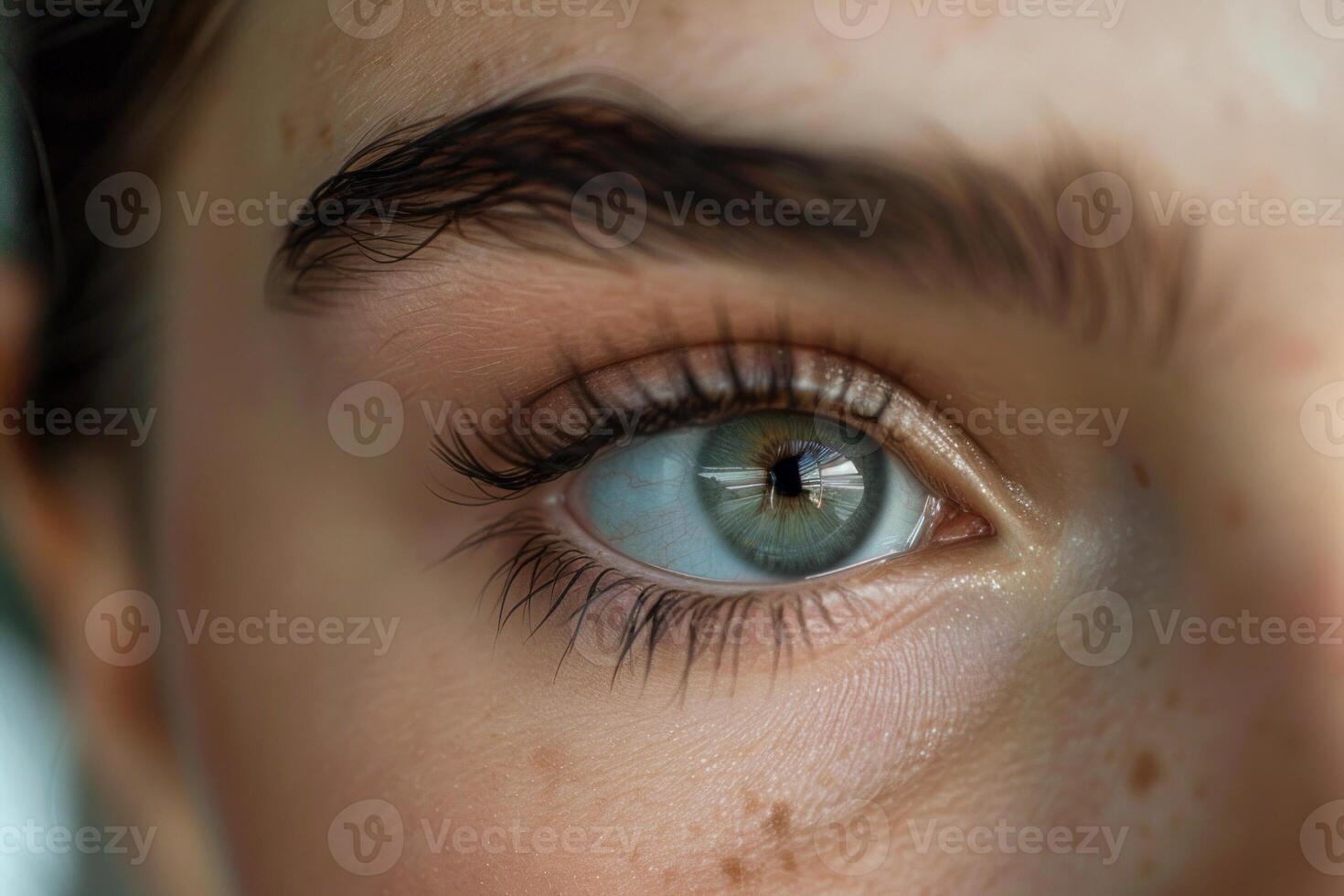 Woman with freckles is looking away, showing amazing green eye photo