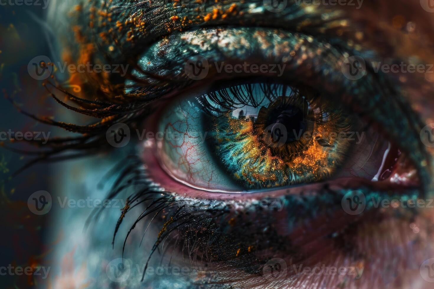 Woman showing colorful eye makeup looking up photo