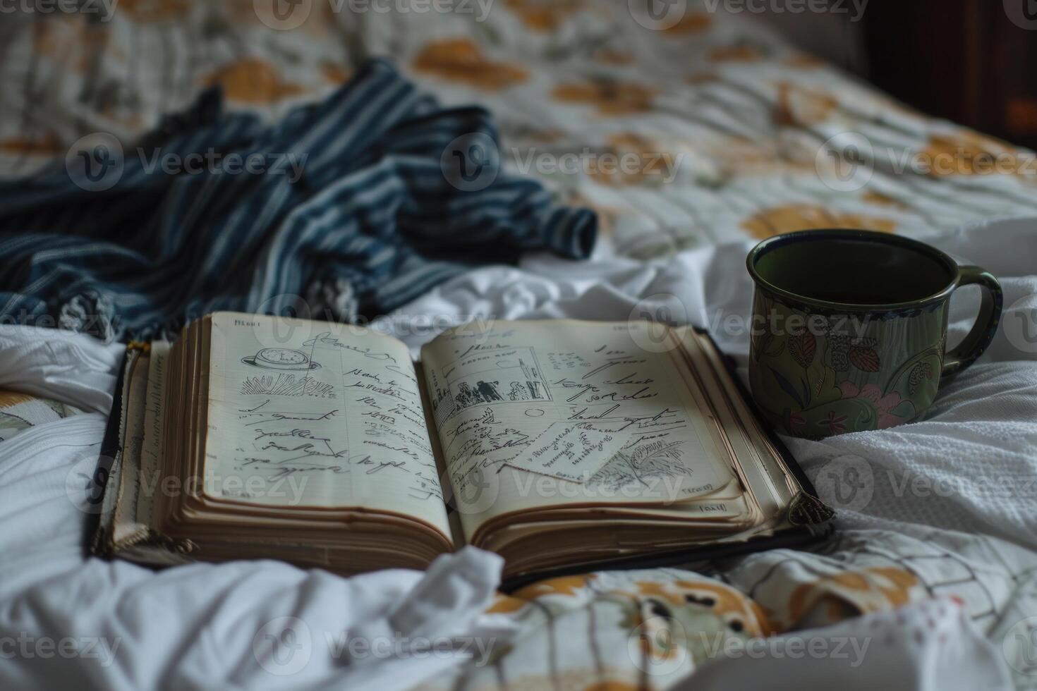 Open vintage book with drawings resting on bed with coffee mug photo