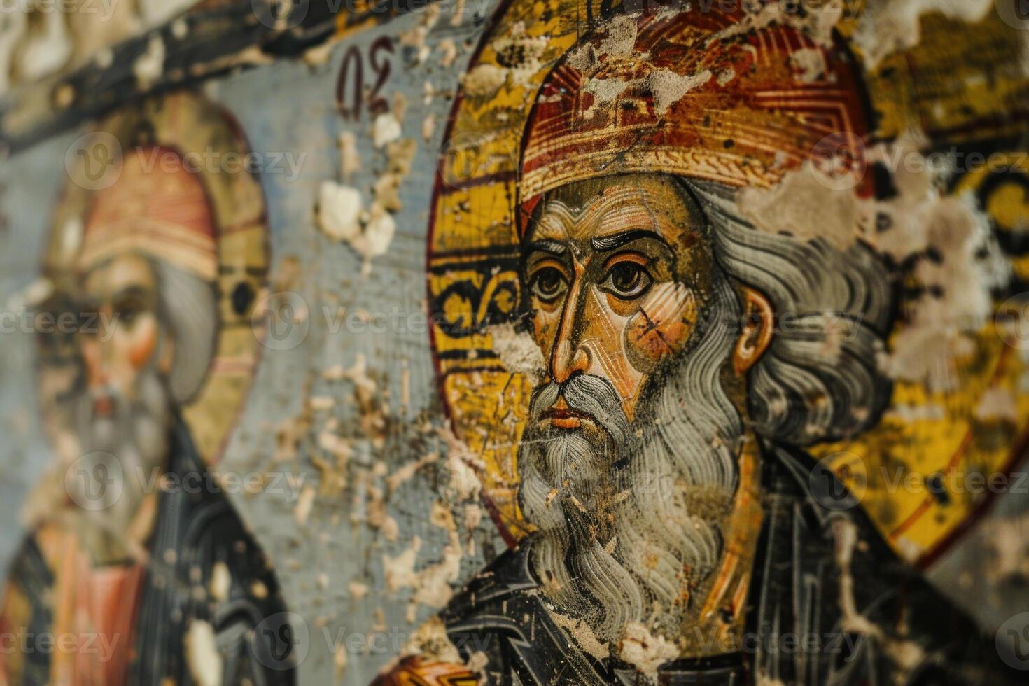 Ancient byzantine fresco depicting a saint wearing a red hat in a monastery photo