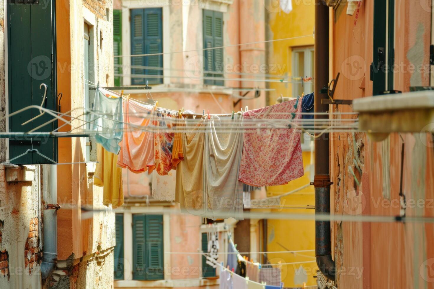 Clothes hanging out to dry in the narrow streets of an italian village photo