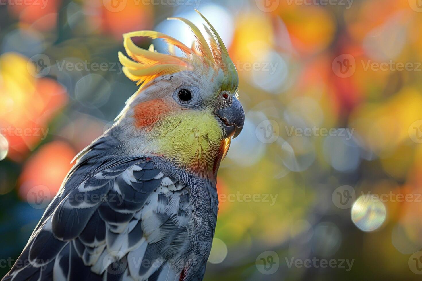 Beautiful cockatiel posing with autumn colors background photo