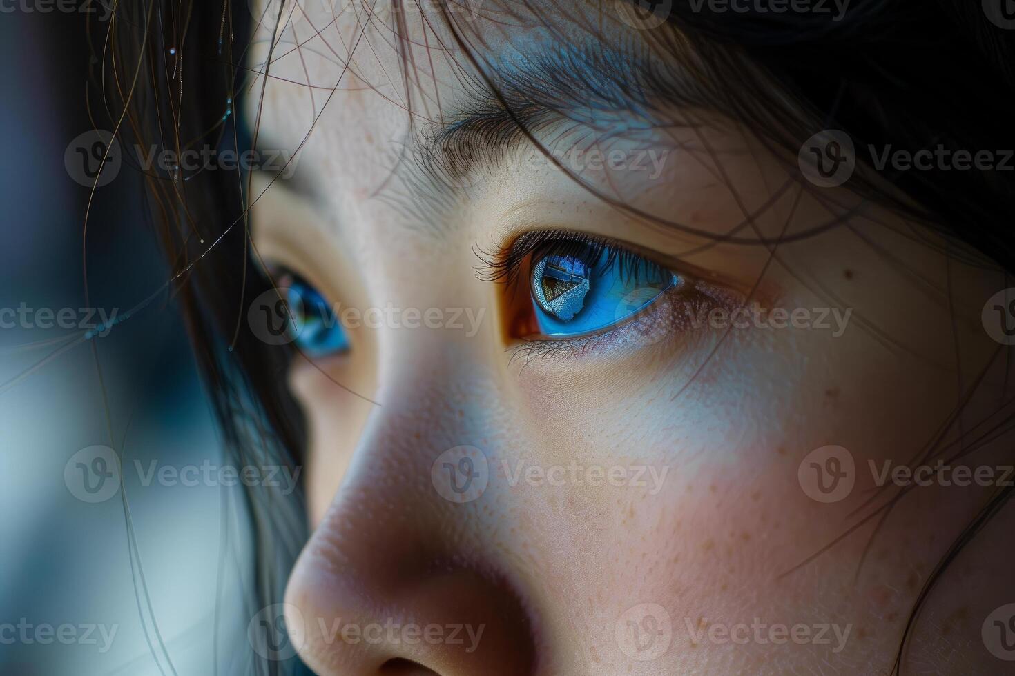 Closeup of woman's eye with vivid blue contact lens photo