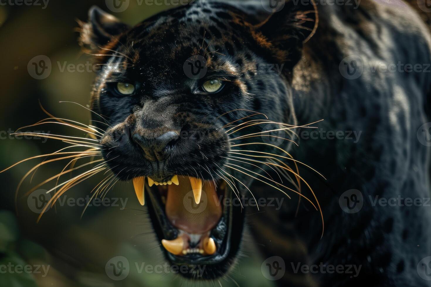 Closeup of a ferocious black jaguar baring its teeth in a natural background photo