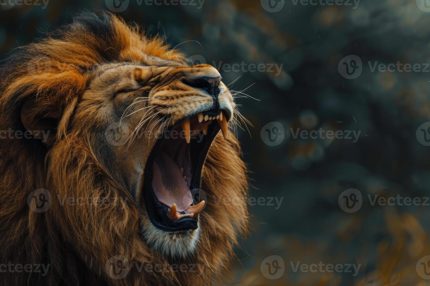 Closeup of an intimidating lion roaring with a dark, blurry background photo