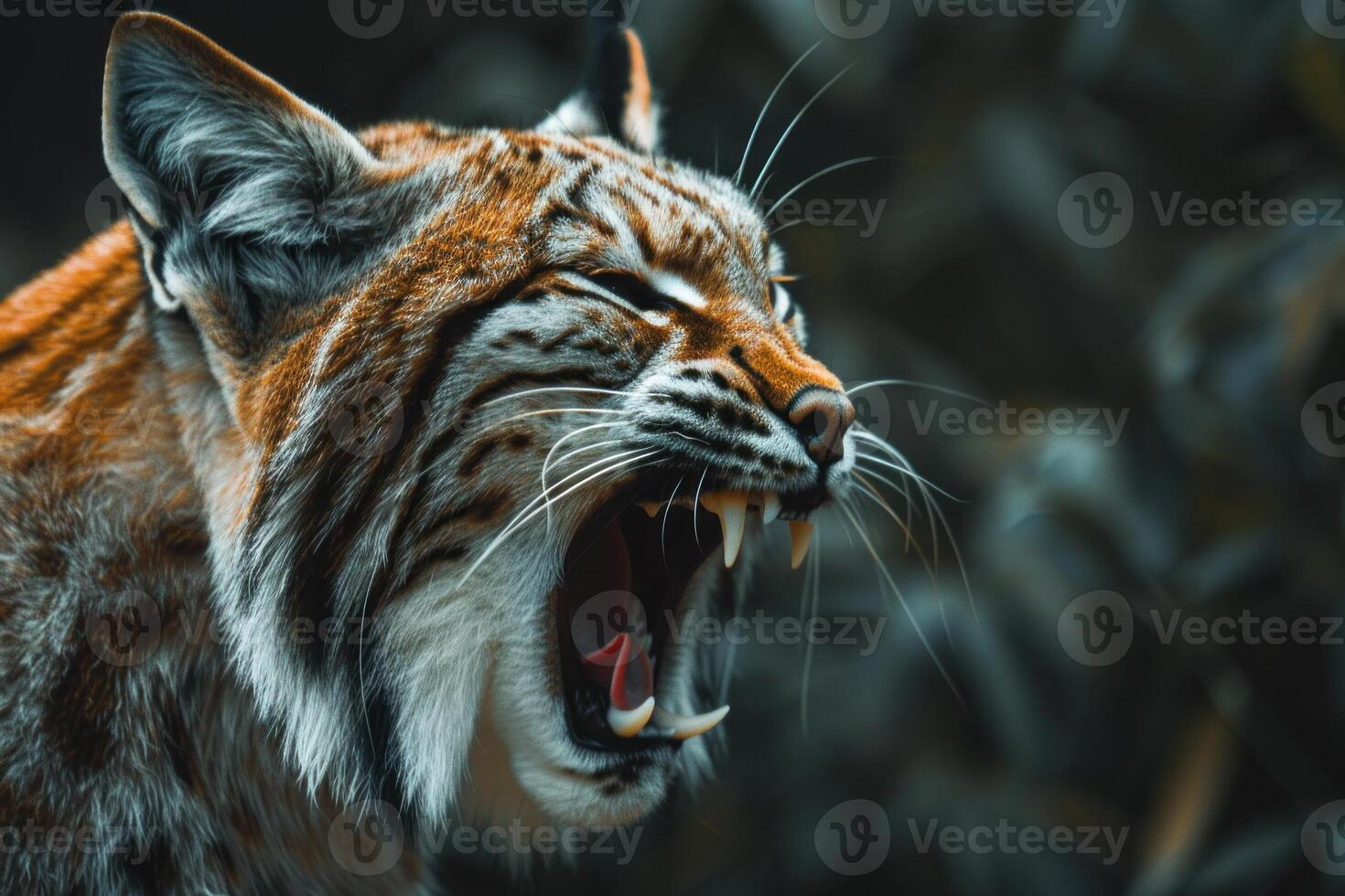 Fierce lynx roaring in the wild photo