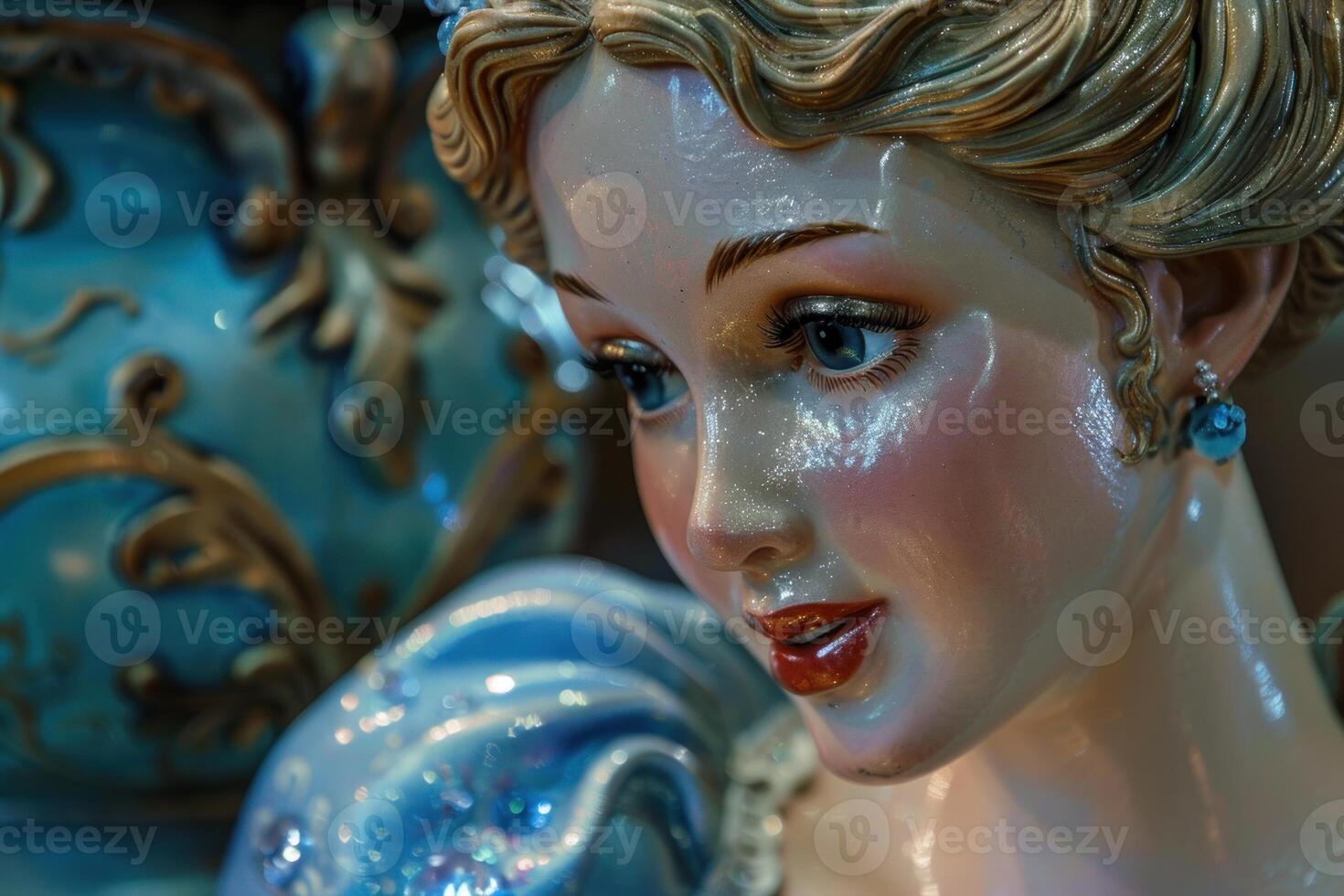 Detailed closeup of an exquisitely crafted porcelain doll with intricate designs and glossy finish photo