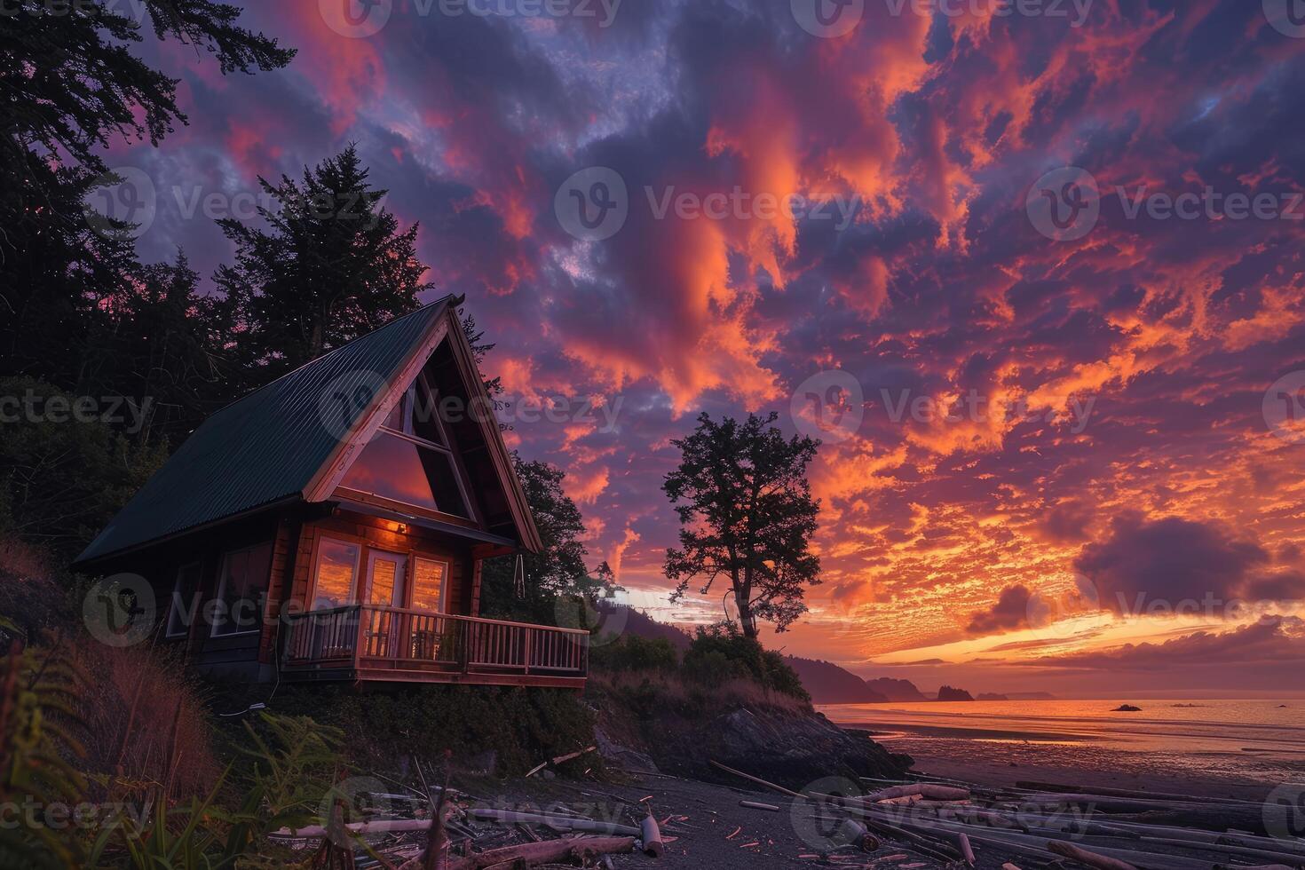 Serene cabin sunset by the sea photo