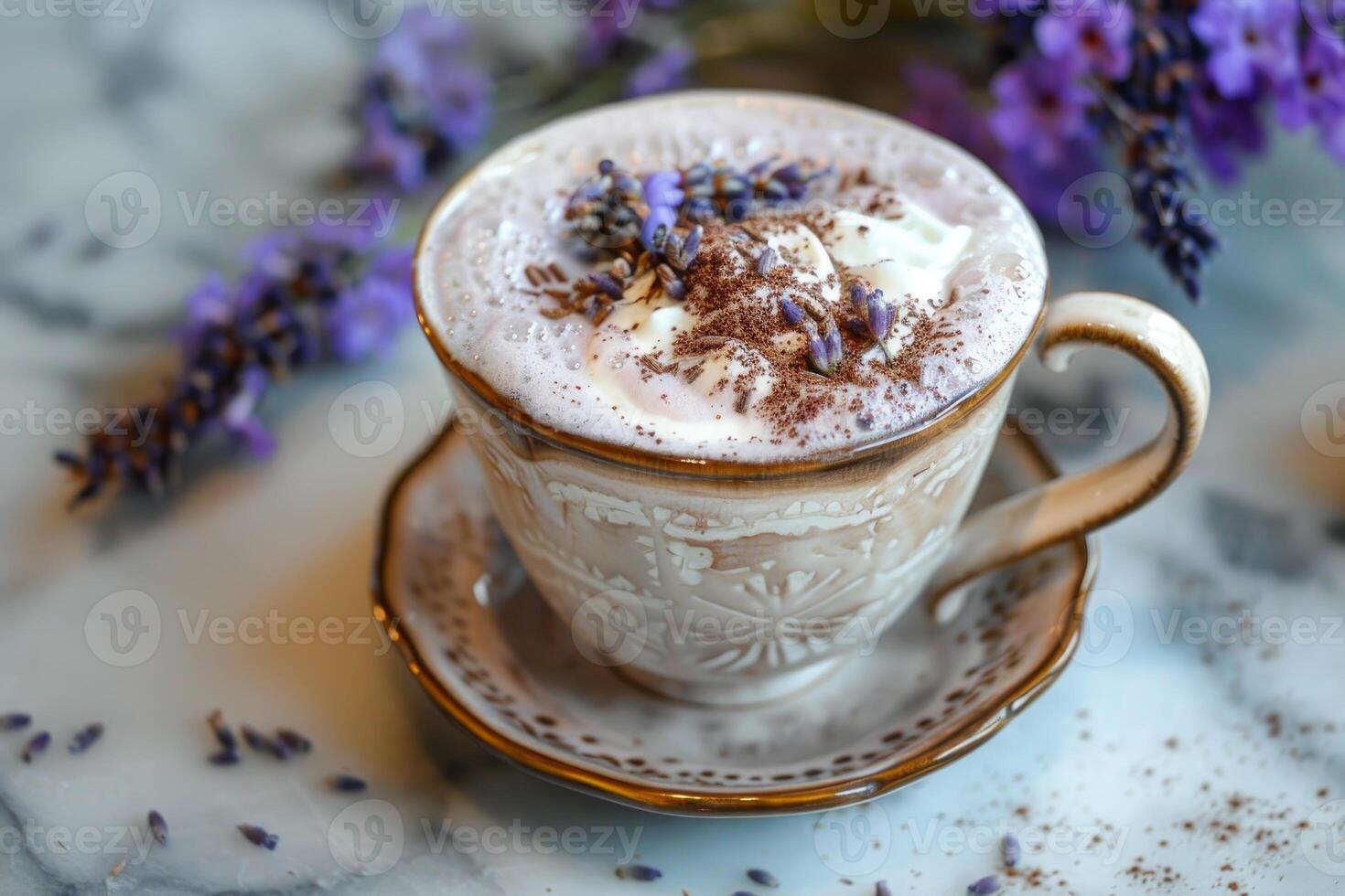 Lavender latte in vintage cup photo