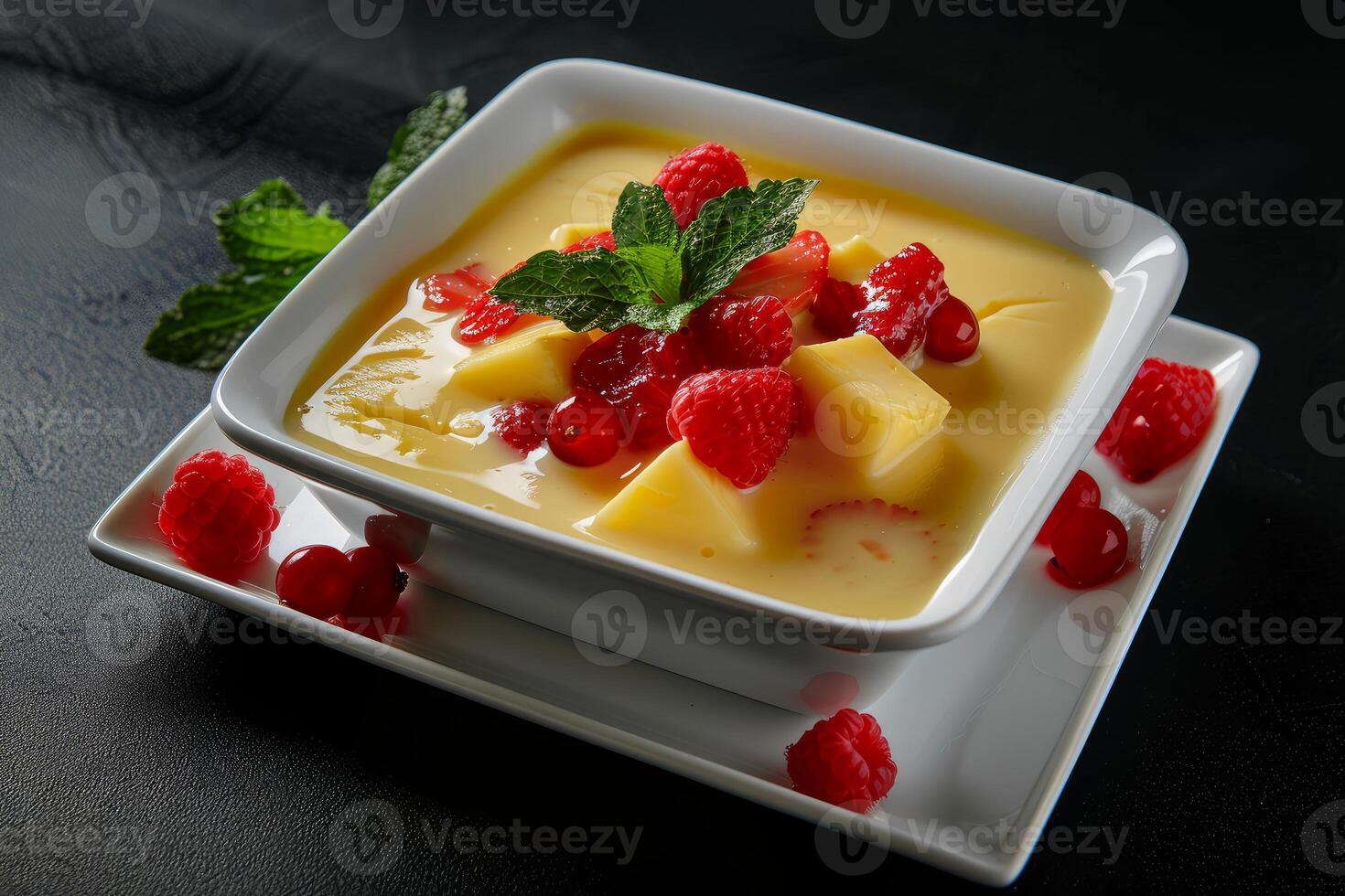 Exotic fruit salad with vanilla sauce photo