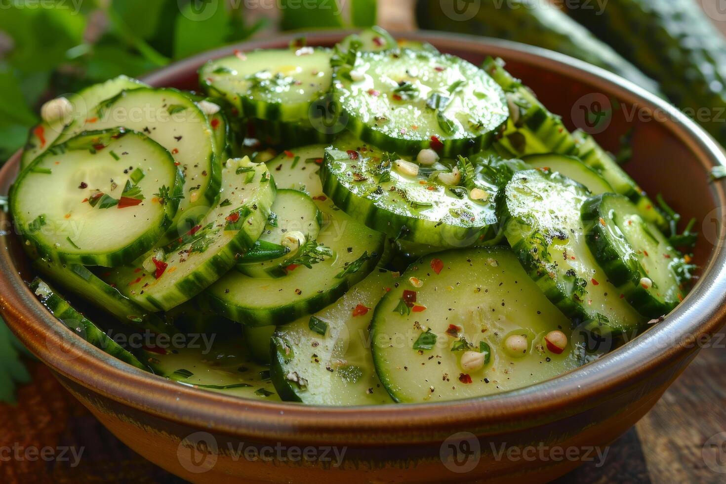 Fresh cucumber salad in earthenware bowl photo