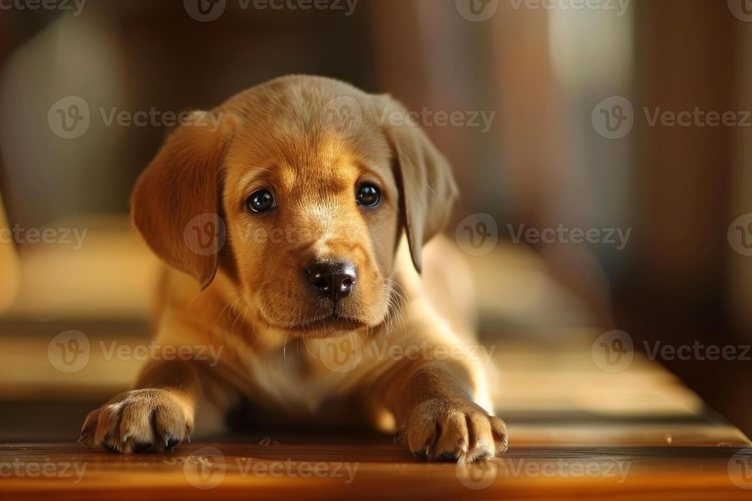 Cute young puppy lies on a wooden floor, bathed in soft, warm light photo