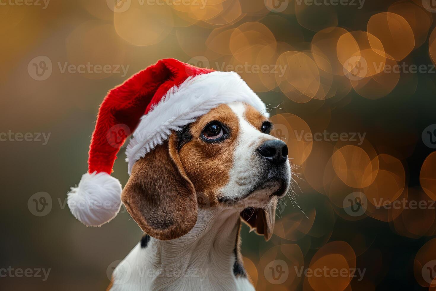 Adorable beagle dog in santa hat for christmas photo