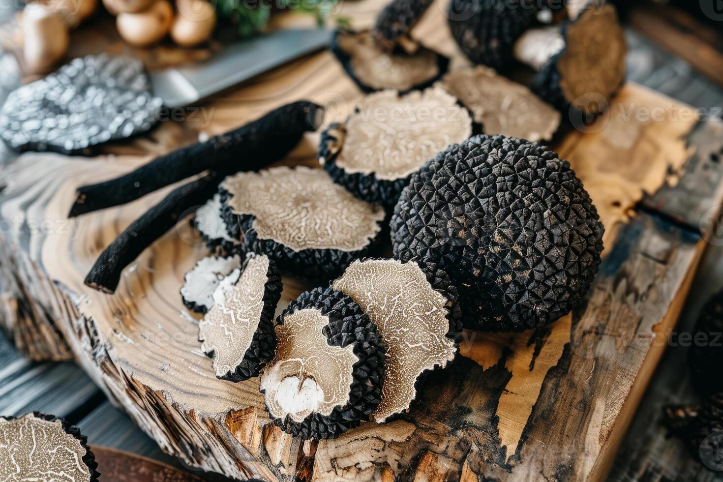 Gourmet black truffles displayed on rustic wood photo