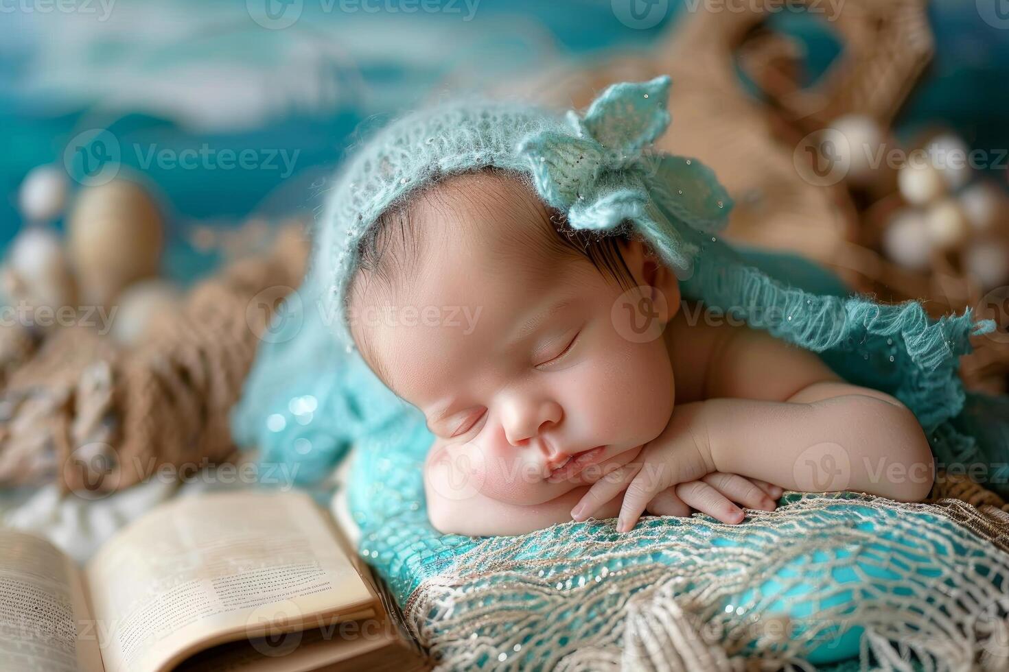 Peaceful newborn baby sleeping with vintage book photo