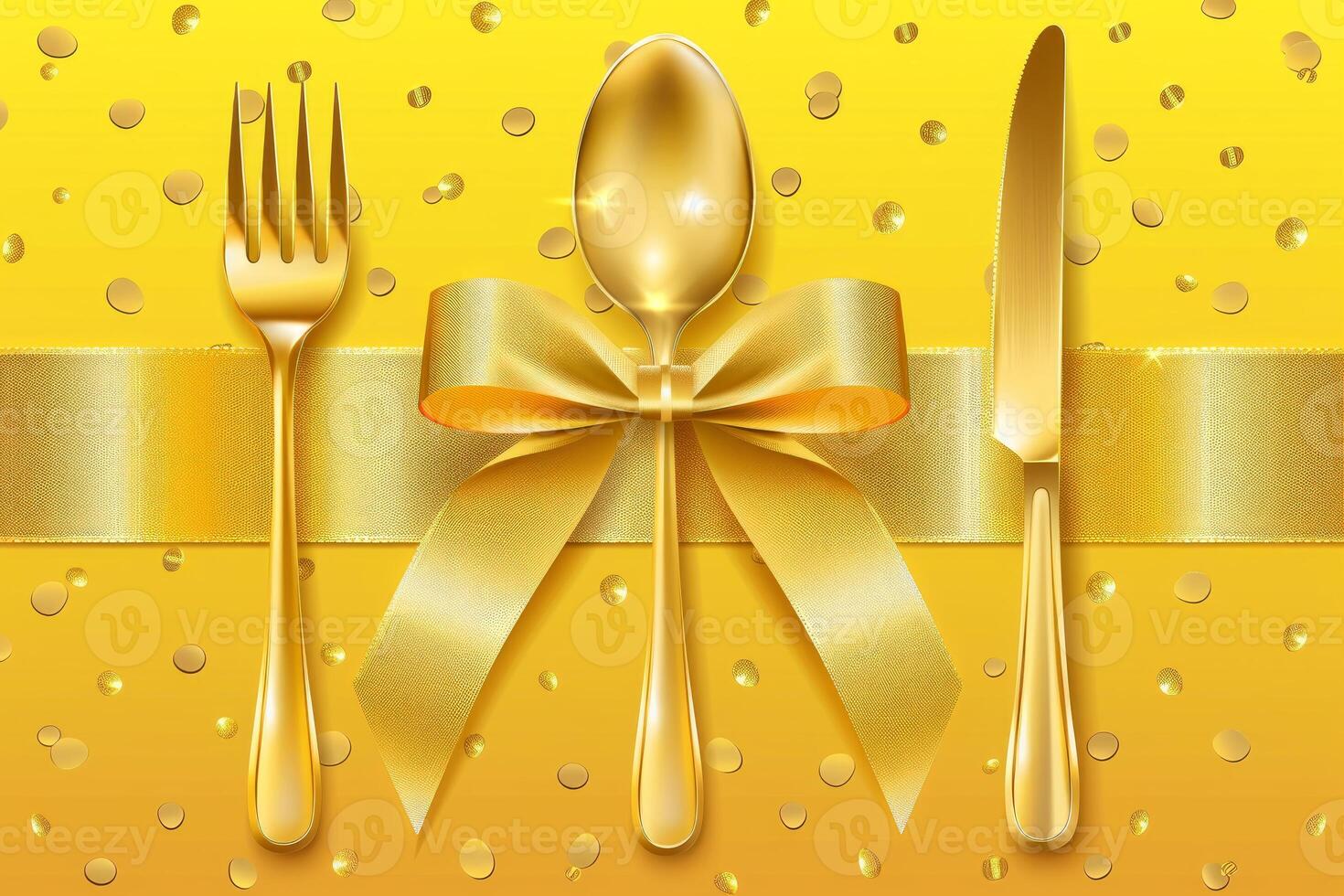 Golden cutlery set with bow on festive background photo
