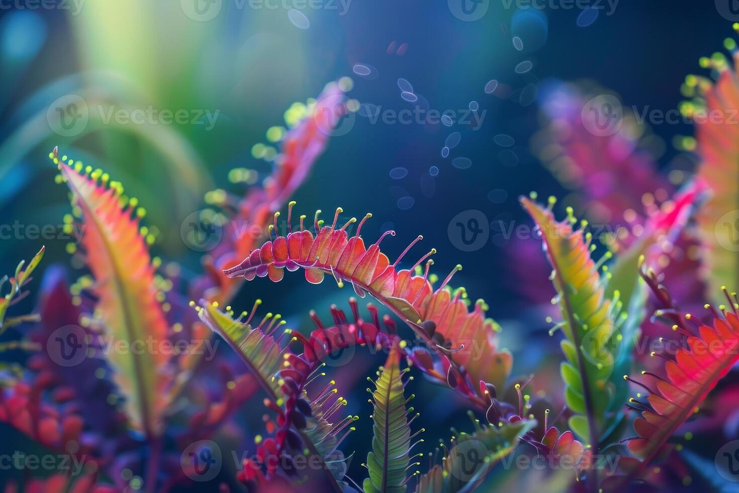 Enchanted garden, dewkissed vibrant plant life photo