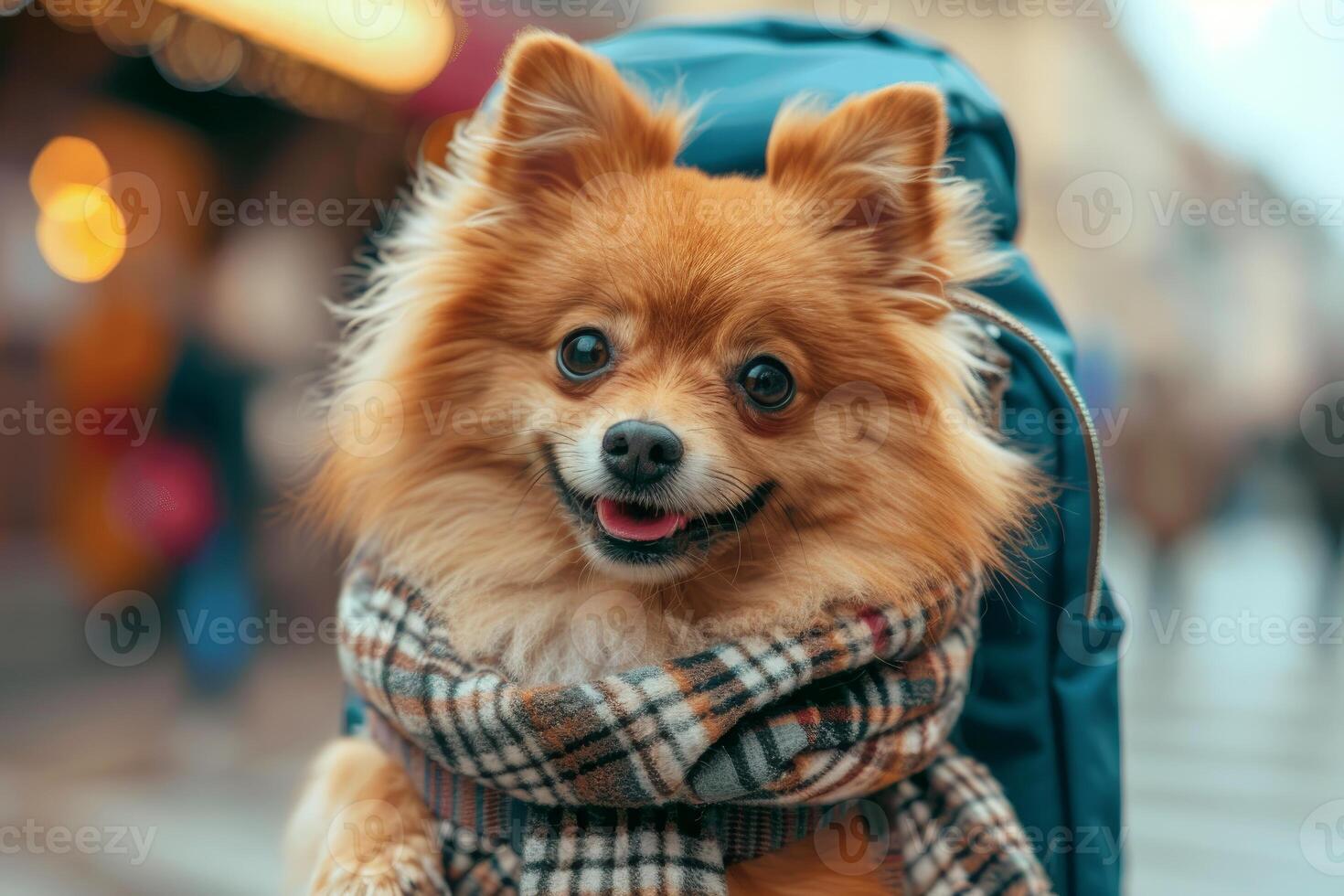 Adorable pomeranian dog in scarf peeking from backpack photo