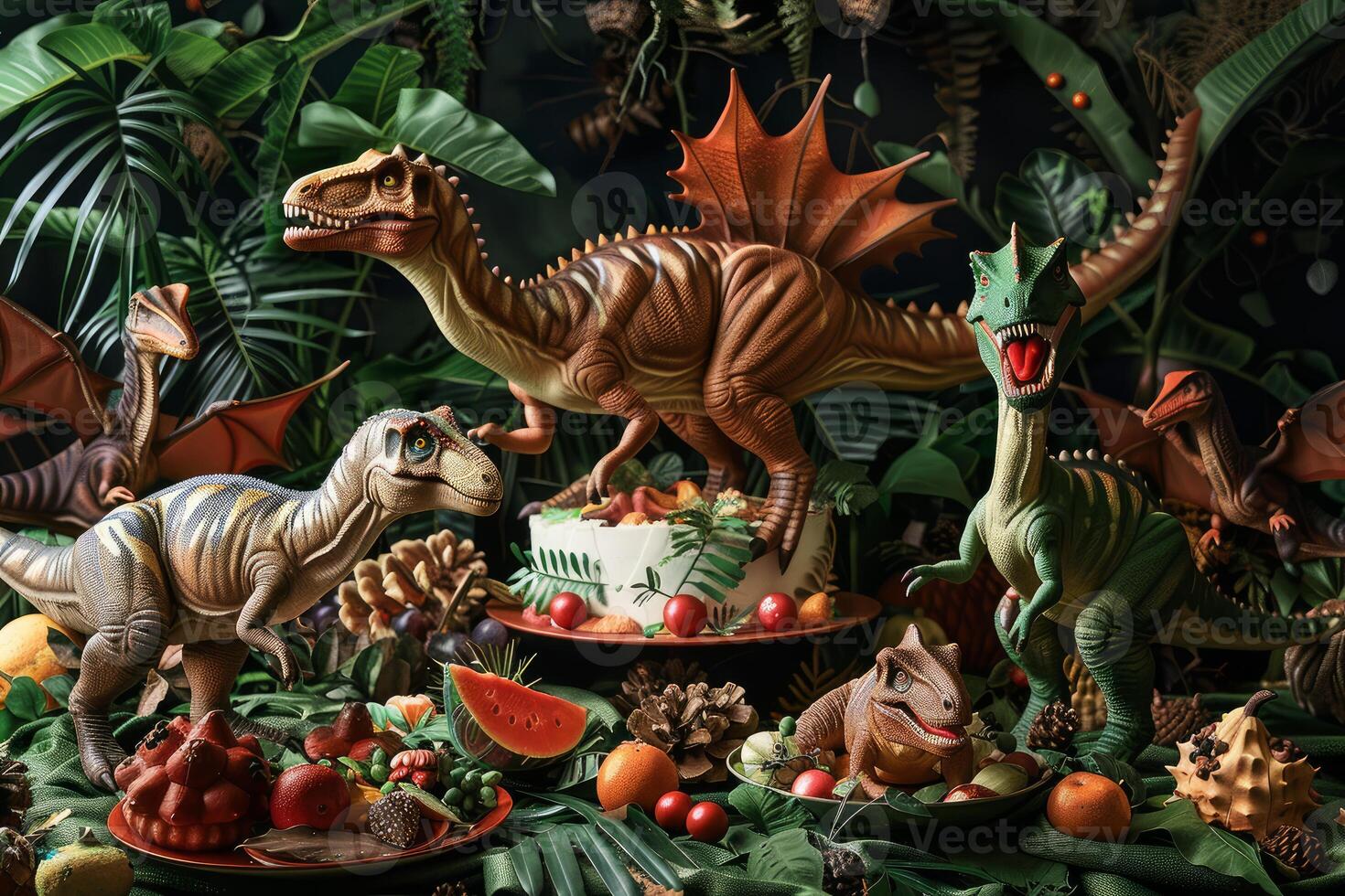 A festive table display with toy dinosaurs among a spread of fruits, cake, and decoration photo