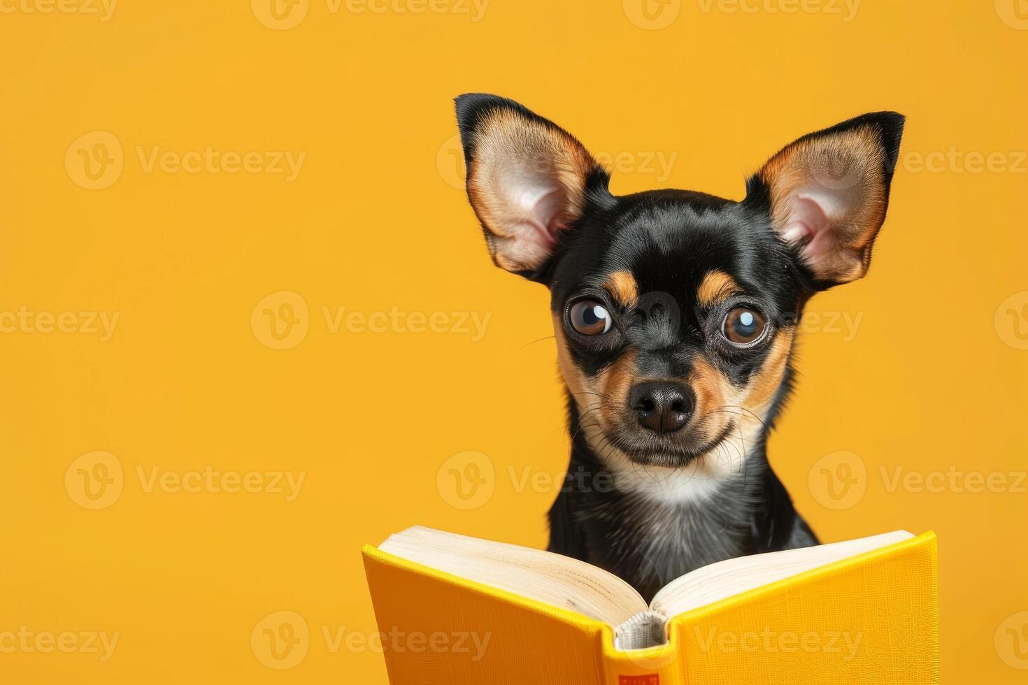 Cute chihuahua reading a book on yellow background photo