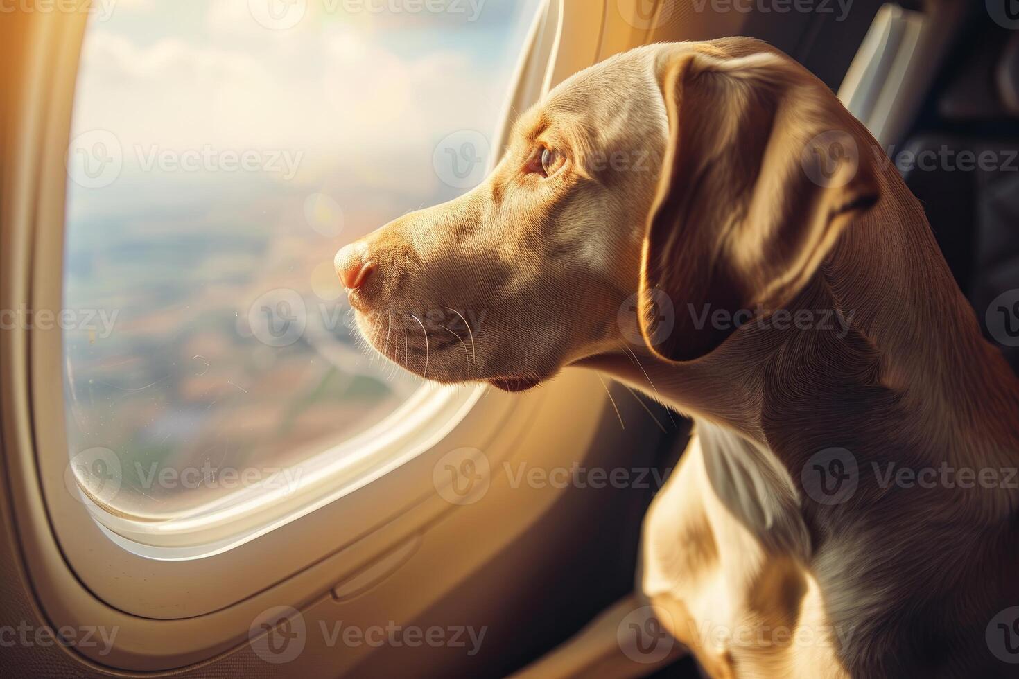 Dog looking out airplane window photo