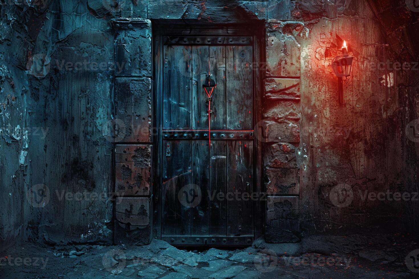 Mysterious medieval doorway with torches at night photo